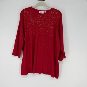 Quacker Factory Women's Red 3X Glitter Sequin 3/4 Sleeve Top Shirt